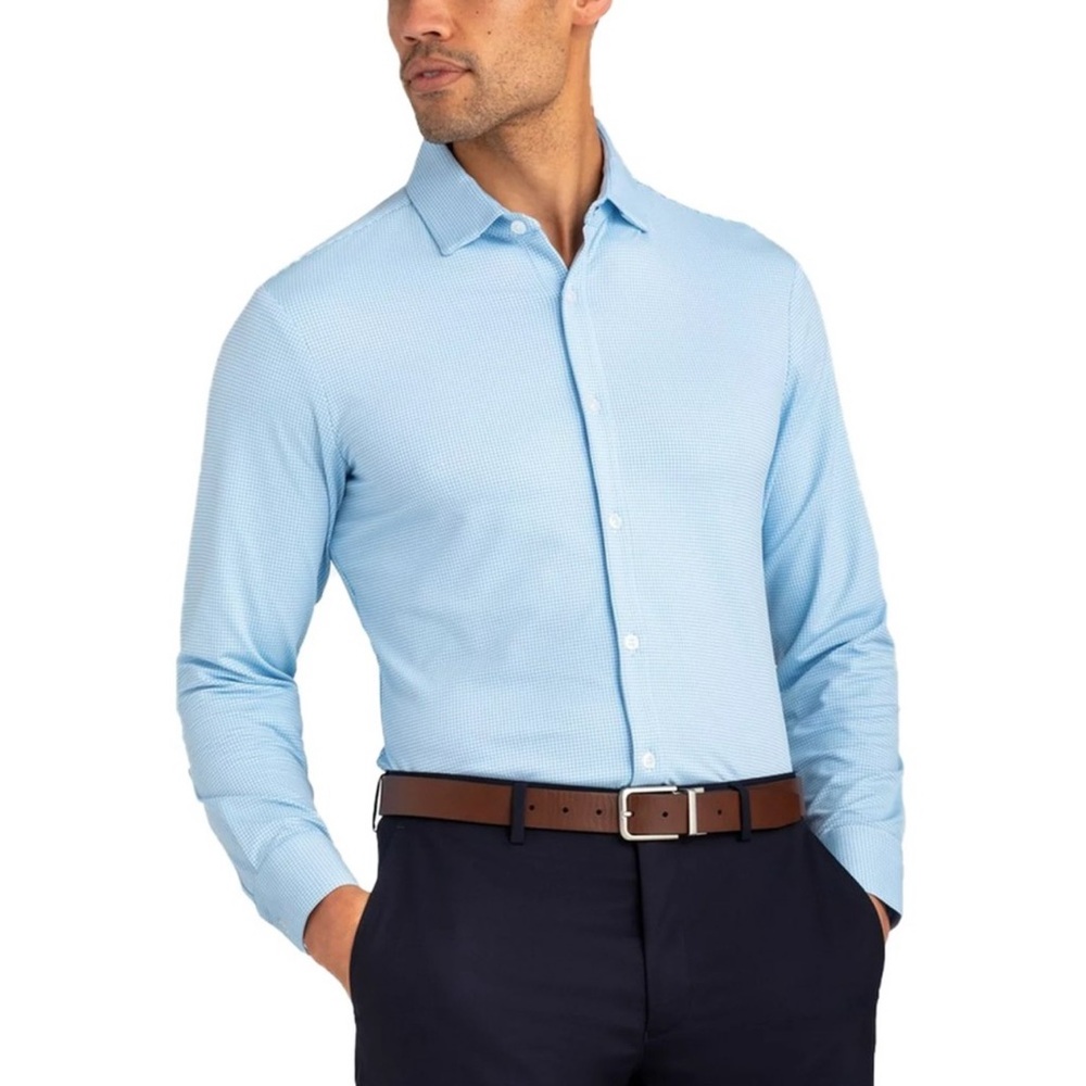 Mizzen & Main Spinnaker Trim Fit Stretch Knit Dress Shirt Gingham Blue White